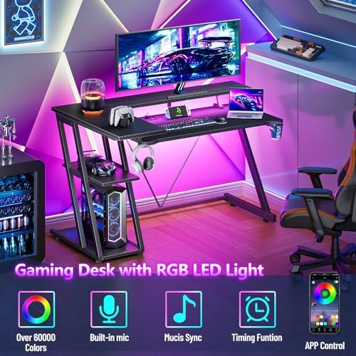 Korfile 40 Inch Gaming Desk with Power Outlet, LED, Carbon Fiber Black - Image 4