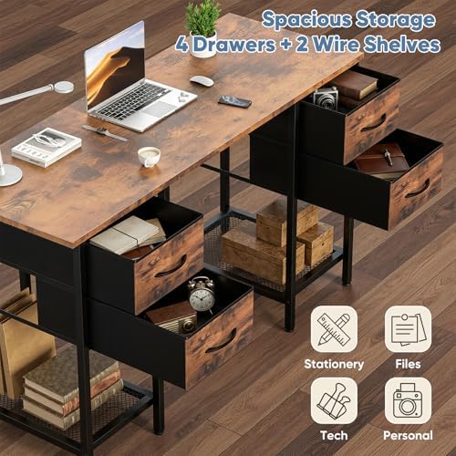 Sweetcrispy 56" Computer Desk with 4 Drawers and Shelve, Brown - Image 4