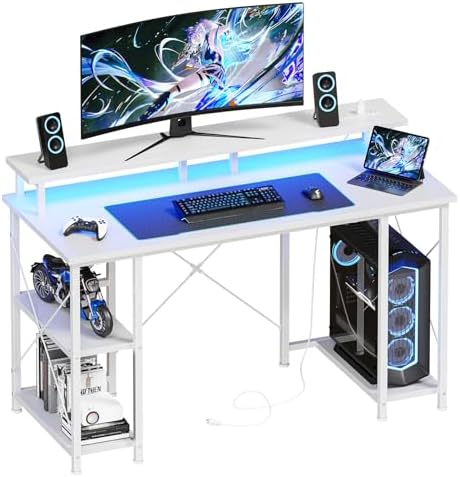 DUMOS 47” Gaming Desk with USB Charging Ports & LED Lights, White by DumosLifestyle