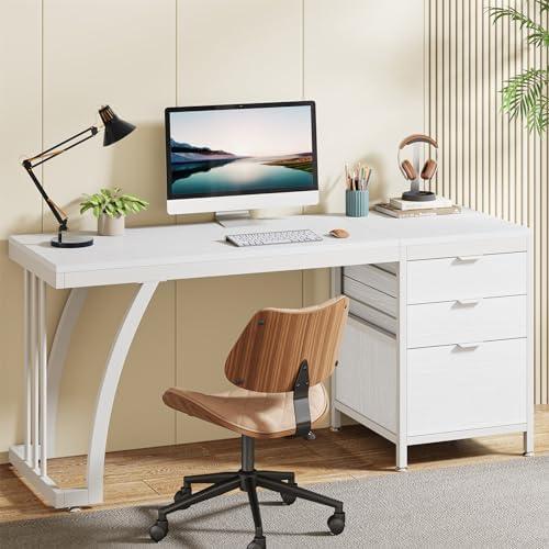 Tribesigns Computer Desk with 3 Drawers, 59-Inch PC Desk with Reversible Drawers, Industrial Study Writing Table Workstation with File Storage for Home Office, White by Tribesigns
