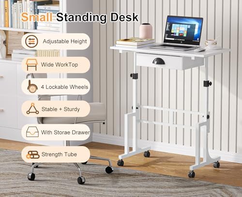 Cidaziya Adjustable Height Standing Desk for Walking Pad Treadmill, Portable Rolling Desk for Laptop with Drawer, Small Moblie Sit to Stand Desk On Wheels with Stiffener for Home Office Dorm Bedroom - Image 3