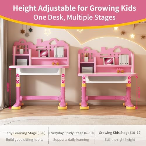 Kids Desk and Chair Set for Ages 3-12 - Height Adjustable Study Desk with Widened Desktop, Storage Drawer & Bookstand, Ergonomic Design, Supports up to 300 lbs - Image 3