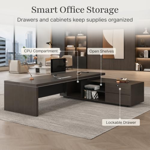Reversible L-Shaped Executive Desk with Drawers, Storage Cabinet, Built-in Power Hub & Privacy Panel, Obsidian Grey & Mocha Walnut (94" L * 69" W * 30" H) - Image 5