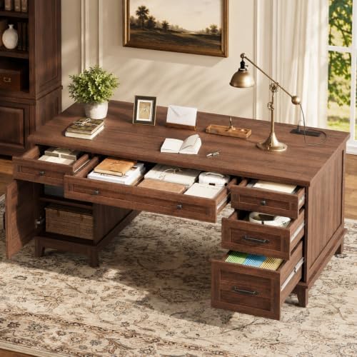 60" Farmhouse Executive Desk with File Drawers, Rustic Brown by SLEKVERSA