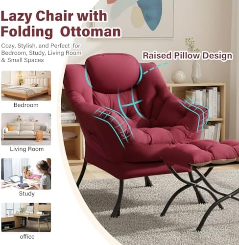 Furlide Lazy Chair with Ottoman, Soft Comfy Chair for Bedroom, Burgundy - Image 5