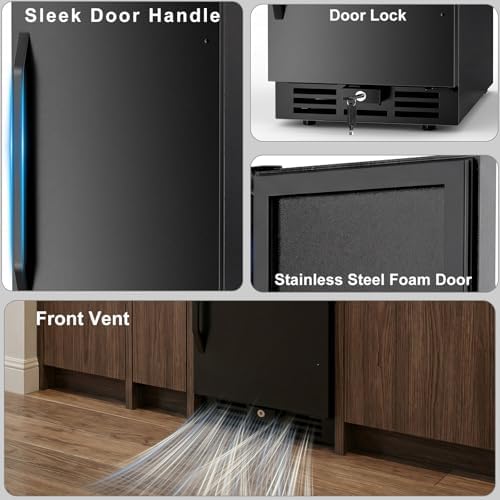 15 Inch Beverage Cooler, 127-Can Stainless Steel Drink Refrigerator with Reversible Door, Built-in or Freestanding Mini Fridge with Blue LED Light, Lock and Key for Indoor Outdoor Use, Black - Image 5