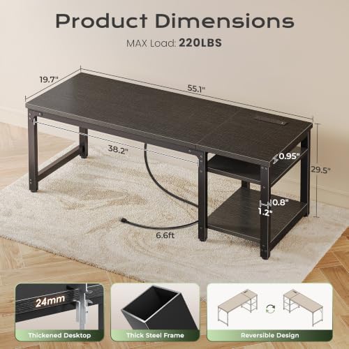 Huuger 55'' x 19.7'' Computer Desk with Power Outlets, 0.95'' Thick Desktop - Image 2