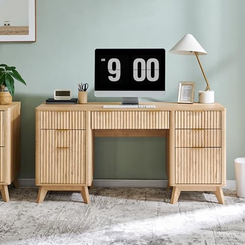 T4TREAM 60" Modern Fluted Executive Desk with Drawers, Natural Oak - Image 7