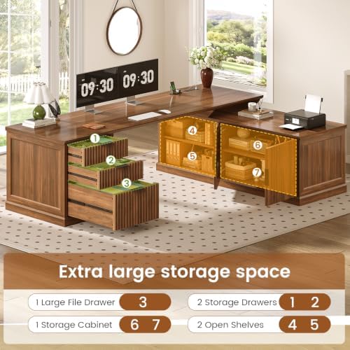 SEDETA Fluted 70.9" L Shaped Desk with Drawers and Storage Cabinet, Brown - Image 4