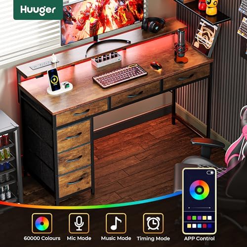 Huuger Gaming Desk with 6 Drawers, Computer Desk with LED Lights Power Outlets and Type-C, 47 Inch Office Desk with Storage, Monitor Stand, Writing Work Desk for Home Office, Rustic Brown - Image 4