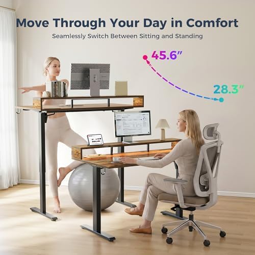 Klicelor Electric Standing Desk with Shelf, 48 Inch Height Adjustable Desk with Power Outlets & LED, Sit Stand Up Table with Monitor Stand, Computer Workstation for Home Office, Rustic Brown - Image 6