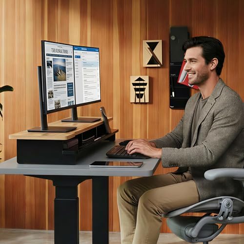 42.5” Dual Monitor Stand Desk Shelf with Phone Tablet Holder - Image 2