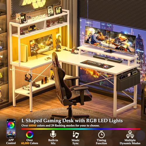 Aheaplus L Shaped Gaming Desk with Power Outlets & LED Lights, White - Image 3
