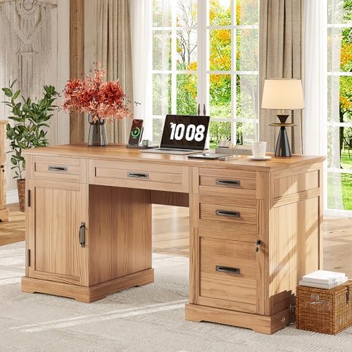 Whalefall 55'' Farmhouse Desk Home Office with Drawers, Light Walnut by Whalefall