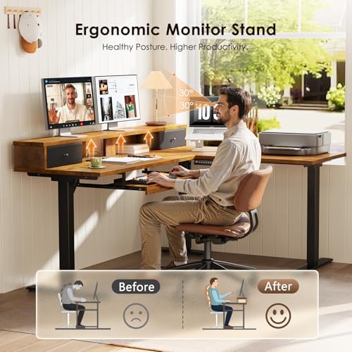 OffiGo 59 Inch L Shaped Electric Standing Desk with Drawers, Rustic Brown - Image 5