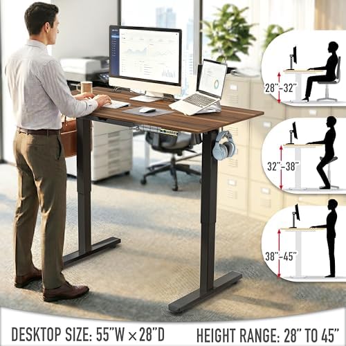 SHW 55 x 28 Electric Height Adjustable Standing Desk w/Drawer, Walnut - Image 6