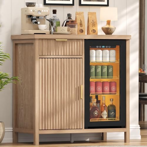 knoworld Mini Fridge Cabinet, 39.3" Fluted Coffee Bar with Mini Fridge Space, Natural - Image 3