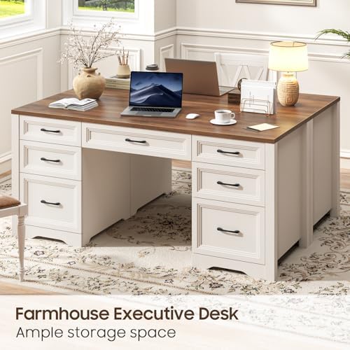 Vabches Farmhouse Executive Desk, Wood Home Office Desk with 2 Large File Drawers and 5 Storage Cabinets, Rustic Writing Desk for Work and Study, Brown - Image 3