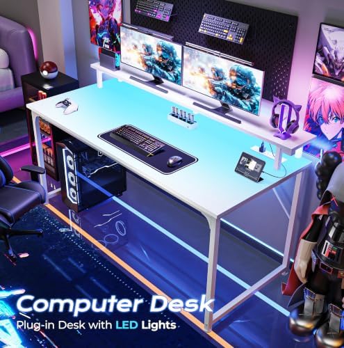 PRAISUN 48 inch Gaming Desk, LED & Power Outlets, Monitor Stand, White - Image 4