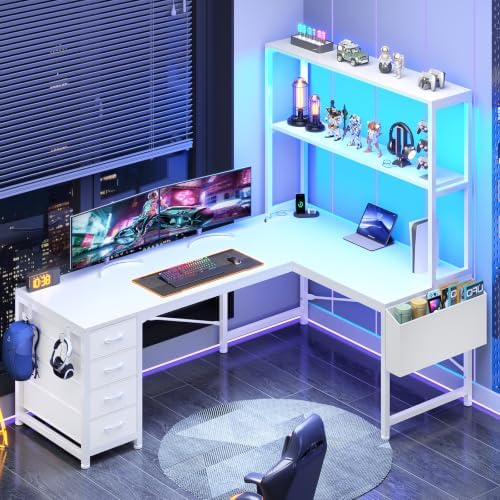 SEDETA L Shaped Gaming Desk, 51.2" Reversible Small Corner Desk with 4 Drawer, Power Outlet & LED Lights, Home Office Desk with Storage Shelves for Small Space, White by SEDETA