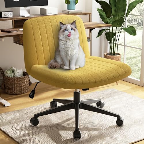 SUNLEI Cross Legged Office Chair with Wheels, Armless Wide Chair's for Vanity Desk, Criss Cross Comfy Chairs with Back, Desk Chair/s of Height Adjustable Swivel, Yellow by SUNLEI