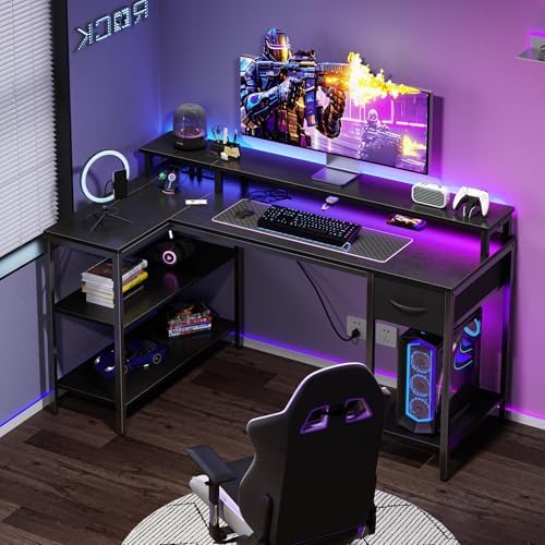 DUMOS Gaming Desk, Monitor Stand, LED Lights, Storage Shelves - Image 2