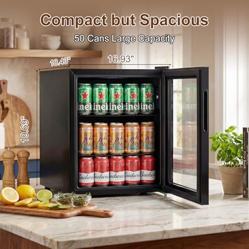 FoMup Mini Fridge 50 Can, Small Beverage Refrigerator with Reversible Glass Door, Countertop Drink Cooler with Temperature Control, Compact Beer Soda Fridge for Office Dorm Kitchen, Black - Image 3