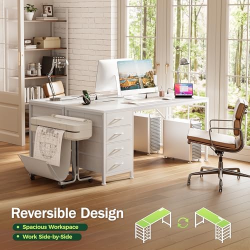 PRAISUN 55.1 Inch Computer Office Desk with Power Outelts and USB-C Port, Reversible Gaming Desk with 4 Fabric Drawers, Work Study Desk Work from Home, White - Image 4