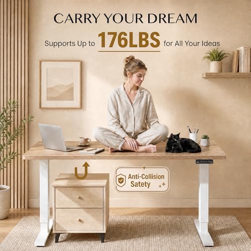 Grandder 47x32 Large Electric Standing Desk, Height Adjustable Computer Desk with 2 Memory Presets, 31.5" Deep Desktop Sit Stand Desk Home Office Desk Workstation Table with Hooks, Maple - Image 5