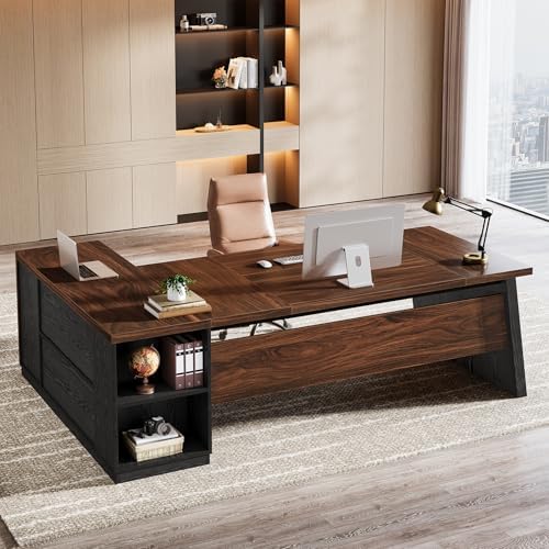 Tribesigns 78" L Shaped Executive Desk, Large Office Desk with Drawers and Storage Shelves, Modern Corner Computer Table Business Furniture for Home Office (Walnut & Brown) by Tribesigns