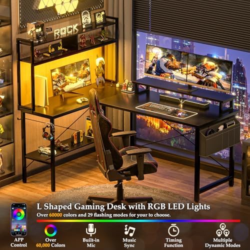 Aheaplus L Shaped Gaming Desk with Power Outlets & LED Lights, Black - Image 4