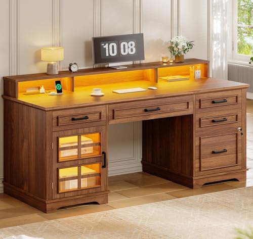 UPOSOJA 60'' Farmhouse Executive Desk with Drawers, Home Office Desk with Power Outlet & LED Light, Wood Computer Desk with Monitor Stand, Locking File Drawer, Glass Storage Cabinet, Hooks by UPOSOJAWishesYouaNiceDay