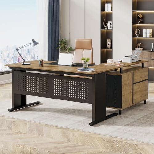 Tribesigns 63 Inch Executive Desk with File Cabinet, Large Office Desk L Shaped Computer Desk with Drawers and Storage Shelves, Business Furniture Desk for Home Office, Wood Color and Black by Tribesigns
