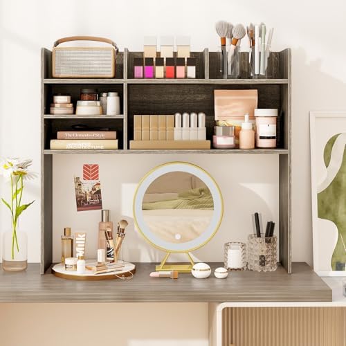 BECOMFORT Desk Hutch, Desk Organizer Shelf w/ 6 Storage Compartments, up to 32” Monitor, Wooden Display Rack, Desktop Bookshelf for Vanity Dressing Tabletop College Dorm Home & Office - Image 4