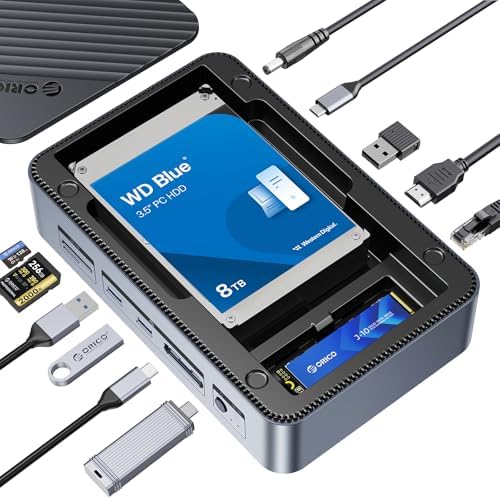 ORICO 12-in-1 USB C Hub with M.2 + SATA 2.5”/3.5” SSD/HDD Enclosure, USB C to HDMI Adapter 4K@60Hz,10Gbps USB A/USB C Data Ports, USB C Docking Station for Windows/mac OS D35M2 by ORICO