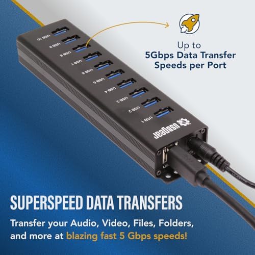 USBGear 10-Port USB Hub 3.2 Gen 1 – Mountable SuperSpeed Data Hub with USB Ports for Laptop, PC, Desktop, and More, 5V/4A Power Adapter with Type-A to Type-B Cable (3ft), Computer Accessories - Image 5
