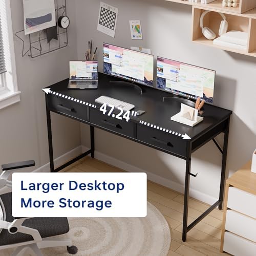 Pamray 47 Inch Small Computer Desk with 3 Drawers for Bedroom Study Writing Home Office Table for Small Spaces Grey - Image 4