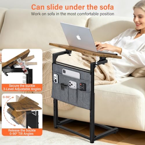 Small C Shaped End Table Set of 2, Slide Under Sofa Adjustable Height Side Table with Tilting Desktop, TV Tray Night stand with Storage Bag, Couch Table for Living Room Bedroom Narrow coffee table - Image 3