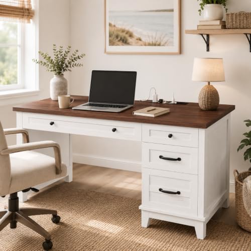 53.54" Executive Desk with Drawers, Farmhouse Home Office Desk with Charging Station & File Cabinet, 4 Storage Drawers Computer Desk with Power Outlet for Work Study Writing, White Walunt - Image 3