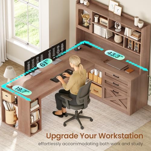 SEDETA 61" L Shaped Office Desk with Drawers and Storage, Light Brown - Image 5