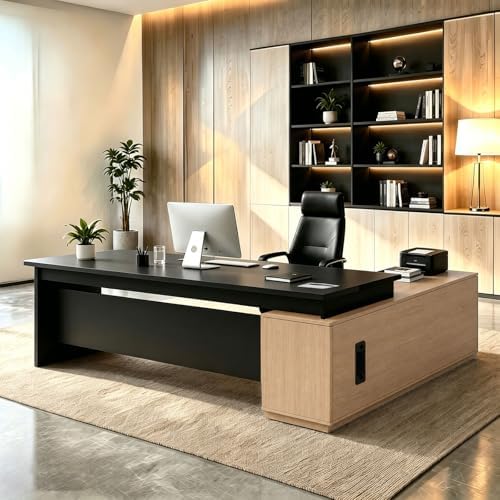 L Shaped Executive Desk with Drawers, Large Wood Workstation, Modern Executive Office Furniture for Home Office and Business Workspace, Multiple Sizes & Colors by Unknown
