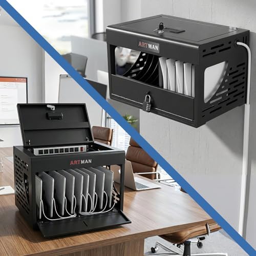 Lockable Charging Station for Laptop & Chromebook Classroom, 16-Port Desktop/Wall Mount Cart with Top Lid Cable Management, Surge Protected for School Office, Fits 14" Devices Black - Image 6