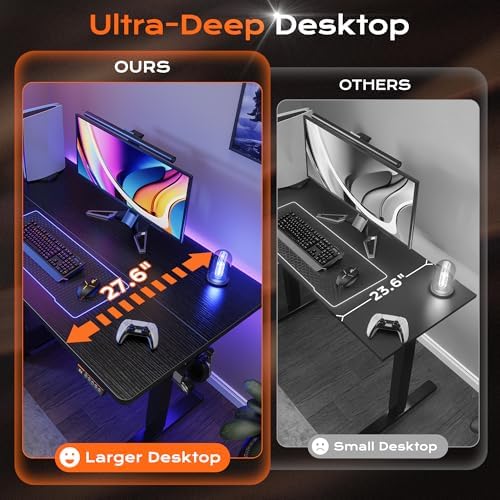 Huuger 48 x 28 Large Electric Standing Desk, Height Adjustable Desk, 27.6" Deep Desktop, Stand up Gaming, 2 Hooks, 3 Preset Heights, for Home Office, Black - Image 4
