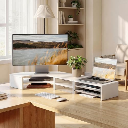 Fenge Dual Monitor Stand, Corner Desk Shelf with Drawer & Slide-Out Tray - Image 2