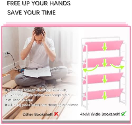 4NM No Assembly Extra Wide 4 Tier Folding Bookshelf Storage Shelves Vintage Bookcase Standing Racks Study Organizer Home Office - Image 6