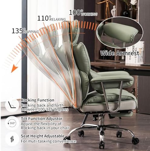 Efomao Big and Tall Office Chair 400lbs - Executive Office Chairs with Footrest, Heavy-Duty PU Leather Computer Chair for Heavy People, Light Green Home Office Desk Chairs - Image 4