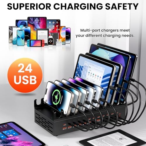 300W USB Charging Station for Multiple Devices - 24 Ports Desktop Multi Fast Charger Station with Device Organizer Stand & Multi Protection, USΒ Power Strip Suitable for Home Office School Studio - Image 4