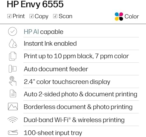 HP Envy 6555 Wireless All-in-One Color Inkjet Printer, Print, Scan, Copy, Duplex Printing Best-for-Home, 3 Month Trial of Instant Ink Included, AI-Capable (C2XR6A) Portobello - Image 2