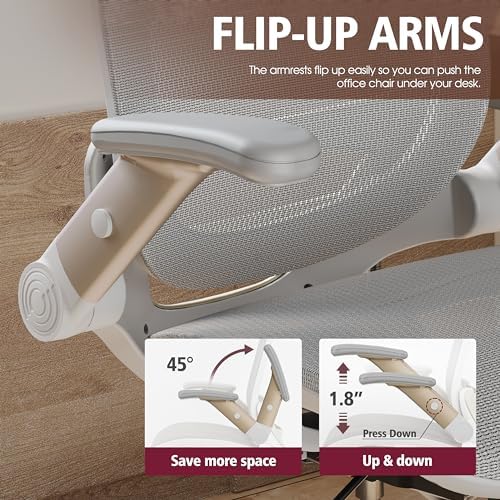 GABRYLLY Ergonomic Office Chair, High Back Home Desk Chair with 2D Flip-Up Arms, 3D Headrest, 90-120° Tilt and Wide Cushion, Big and Tall Mesh Chairs for Man Woman, White Computer Task Chair - Image 4