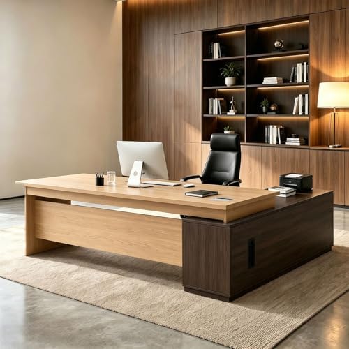 L Shaped Executive Desk with Drawers, Large Wood Workstation, Modern Executive Office Furniture for Home Office and Business Workspace, Multiple Sizes & Colors by Unknown